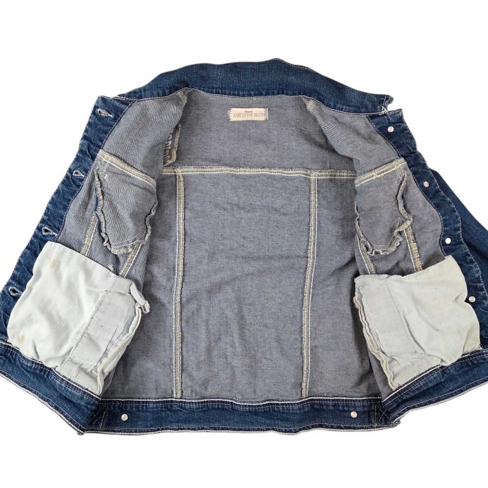 Amethyst Jeans Distressed Crop Denim Jean Jacket Women’s XL Blue Stretch Sequins - Picture 4 of 12